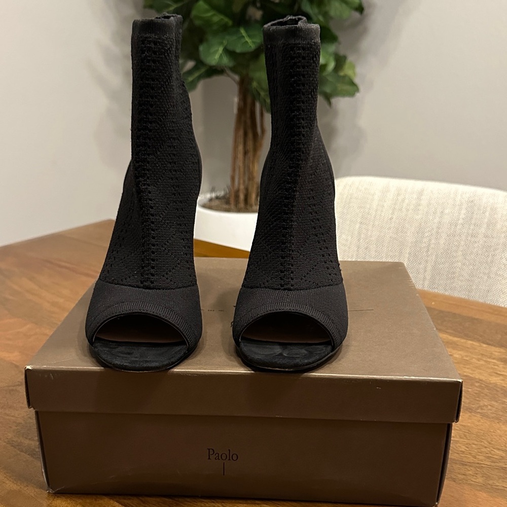 Paolo Black Stretch Knit Peep-Toe Sock Booties